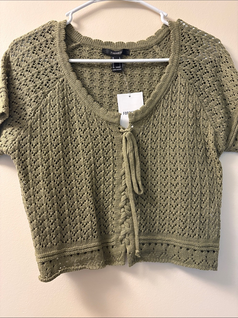 Forever 21 Olive Green Openwork Tie-Front Cropped Cardigan